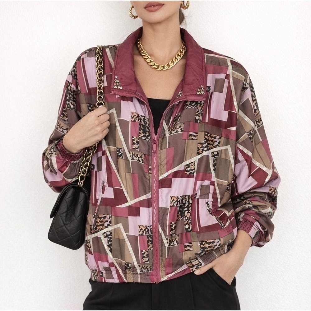 Vintage Womens Windbreaker Large Purple Cervelle 100% Silk Track Jacket Retro